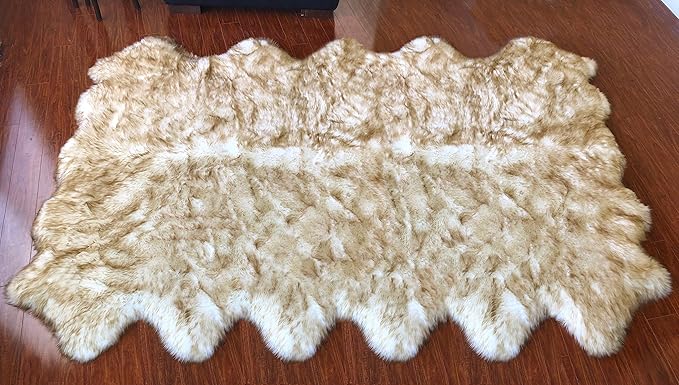 Free Shape Luxury Soft Fluffy Shag Area Rug Duo Decto 12 Pelts 6'x12', 180x360cm - Vegan Fur Ultra Soft Indoor Carpet Nursery Rugs for Bedroom Home Decor, White with Brown Tips