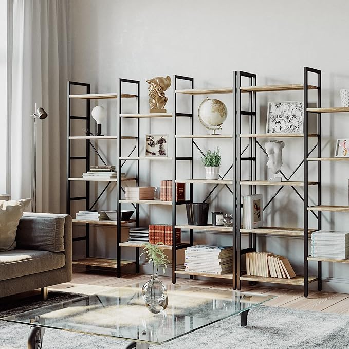 IRONCK Bookcases and Bookshelves Triple Wide 5 Tiers Industrial Bookshelf, Large Etagere Bookshelf Open Display Shelves with Metal Frame for Living Room Bedroom Home Office