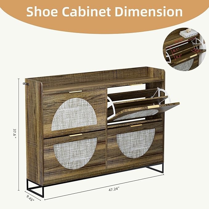 Large Shoe Cabinet Storage for Entryway Hidden Rattan Shoe Cabinet with 4 Flip Drawers Freestanding for Entryway,Hallway Rustic Oak Rattan
