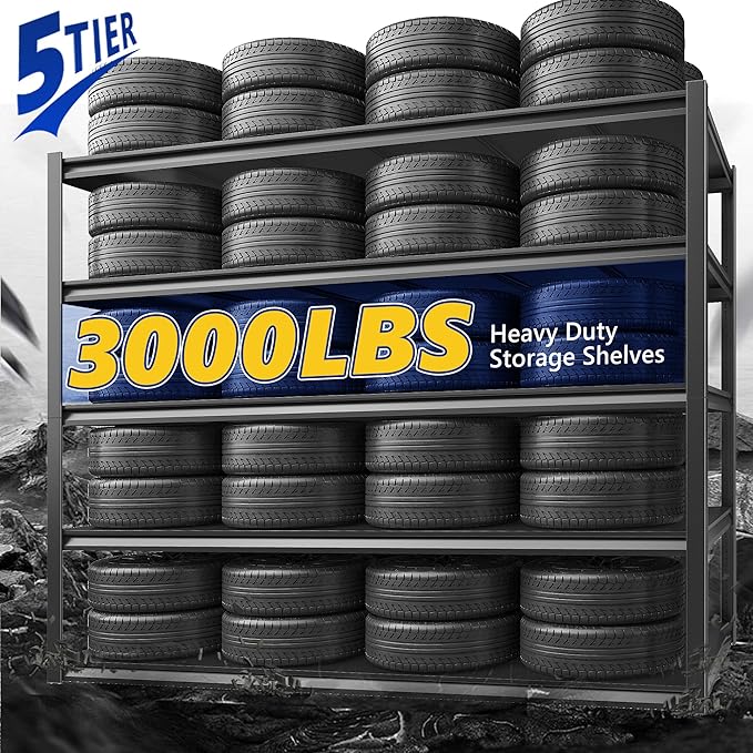 REIBII Garage Shelving 48.2" W Storage Shelves 3000LBS Heavy Duty Shelving Adjustable Metal Shelf Industrial 5 Tier Pantry Shelves for Basement Warehouse Supermarket 72.2"H x 24.2"D x 48.2"W, 2 Pack