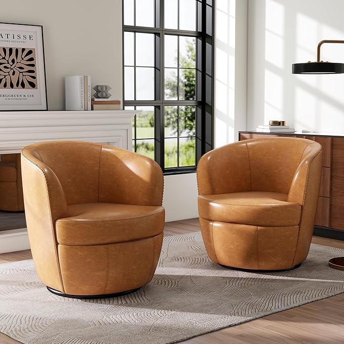 Swivel Barrel Chair, Modern Round PU Leather Accent Armchair for Living Room, Bedroom, Comfy Club Reading Chairs for Adults (Leather Light Brown, Set of 1)