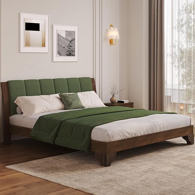 Merax Pine Wood King Bed Frame with Headboard, Mid Century Modern Solid Wood Platform Bed Frame King Size, No Box Spring Needed, Green+Walnut