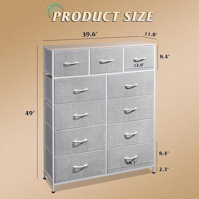 WLIVE Storage Organizer Unit with 11 Fabric Bins, Storage Drawers Organizer with Steel Frame, Tall Storage Tower Organizaton for Living Room, Hallway, Office, Light Grey