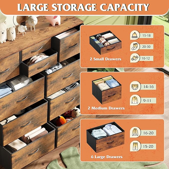 WLIVE Fabric Dresser for Bedroom with 10 Drawers, Chest of Drawers with Side Pockets and Hooks, Sturdy Metal Frame, Drawers Organizer Unit for Living Room, Hallway, Rustic Brown Wood Grain Print