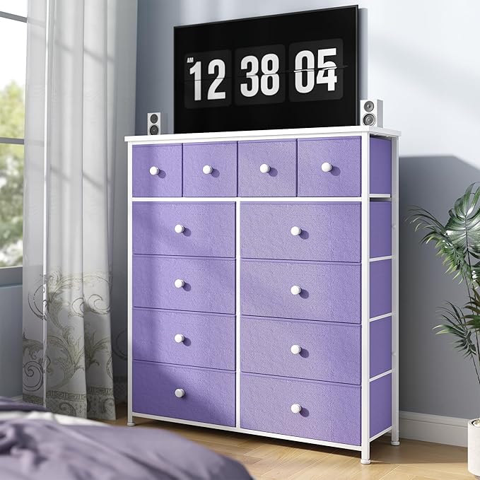 Dresser for Bedroom with 12 Drawers, Fabric Dressers & Chest of Drawers with Sturdy Metal Frame, Wood Top, for Woman, 40.6" W x 11.8" D x 44.5" H (Purple)
