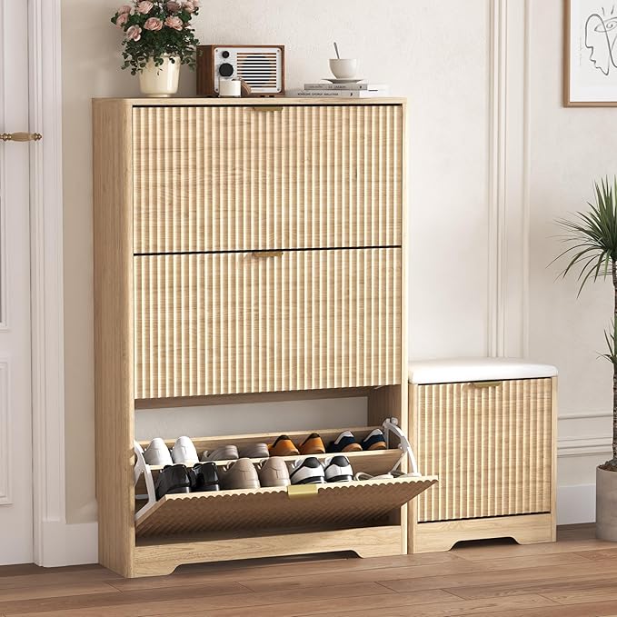 Shoe Cabinet Storage for Entryway with 4 Flip Drawers, Oak Fluted Shoe Cabinet with Bench, Wooden Hidden Shoe Rack Freestanding Narrow Slim Shoes Storage Organizer for Hallway, Entrance