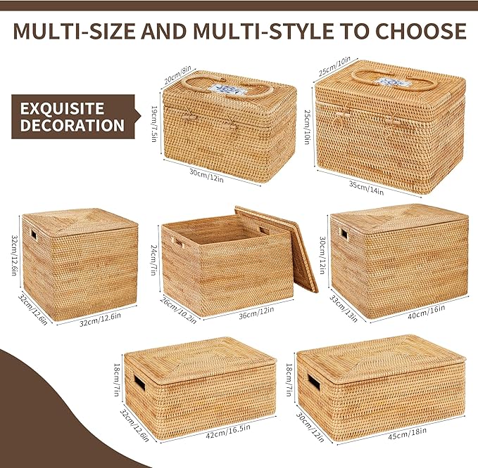 Rattan Basket With Lid,Large Storage Basket Lidded,Rattan Box For Shelf (12.6" L×12.6"W×12.6"H)