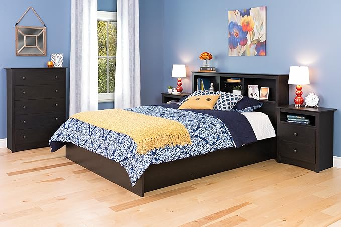 Prepac Sonoma Traditional Tall Nightstand Side Table with 2 Drawers and Open Shelf, Functional Bedside Table 16" D x 23.25" W x 28" H, Washed Black, HDC-2428-V