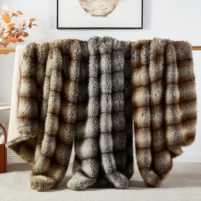 JONIYEAR High-end Premium Fuzzy Faux Wolf Fur Throw Blanket 50" x 60", Luxury Cozy Accent Thick Animal Skin Fluffy Fox Blanket for Couch Sofa, Soft Warm Gray Bear Furry Blankets for Winter, Black Grey