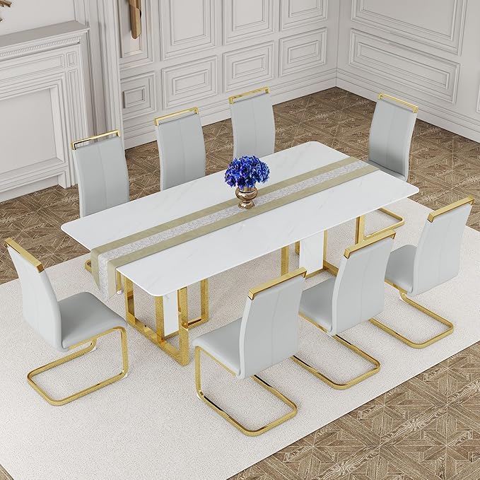 JUFU Dining Room Table Set for 8, 79'' White Faux Marble Dining Room Table and Chairs, Dining Tables for 8 with PU Upholstered Chairs, Modern Dining Table for 8, Ideal for Dining Room and Kitchen