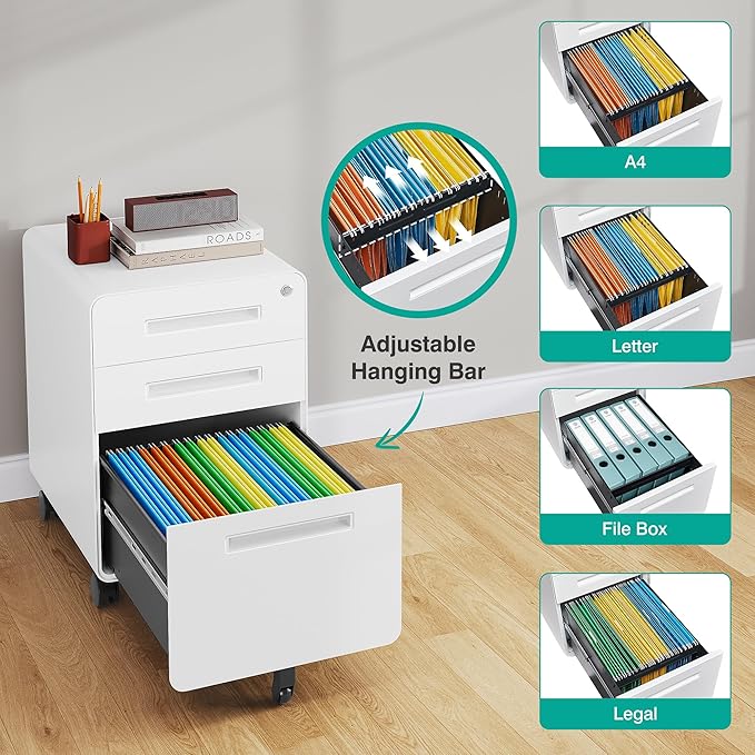 3 Drawer File Cabinet with Lock,Under Desk File Cabinet,White Rolling File Cabinet,Three Drawer Filing Cabinet for Home Office with Wheels,Fit A4/Letter/Legal File,Fully Assembled Except Casters