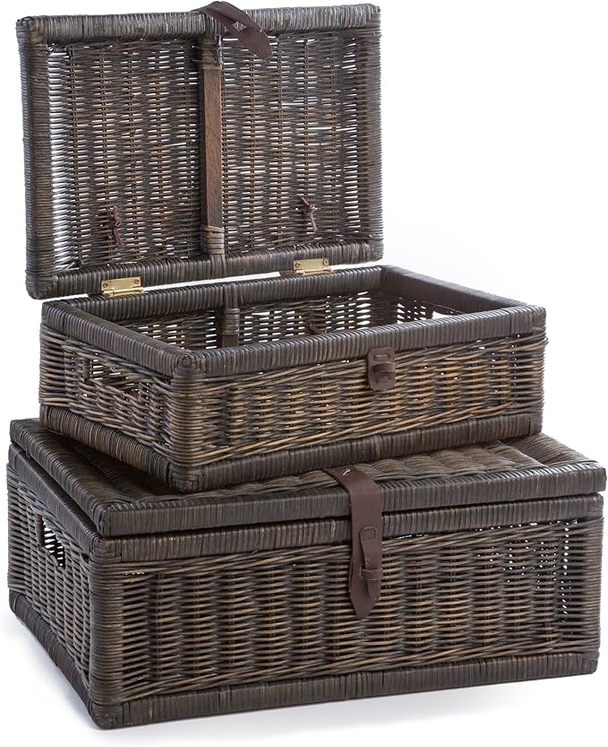 The Basket Lady Covered Wicker Storage Basket, Small, 17 in L x 11 in W x 6 in H, Antique Walnut Brown