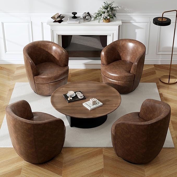 Swivel Barrel Chair, Modern Round PU Leather Accent Armchair for Living Room, Bedroom, Comfy Club Reading Chairs for Adults (Leather Coffee, Set of 2)