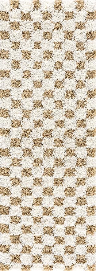 Hauteloom Atira Contemporary Checkered Fluffy Shag Runner Rug - Modern Geometric Carpet Tiles for Hallway, Kids Room - Plush Pile Carpet Squares - Yellow, Cream, White - 2'7" x 7'3"