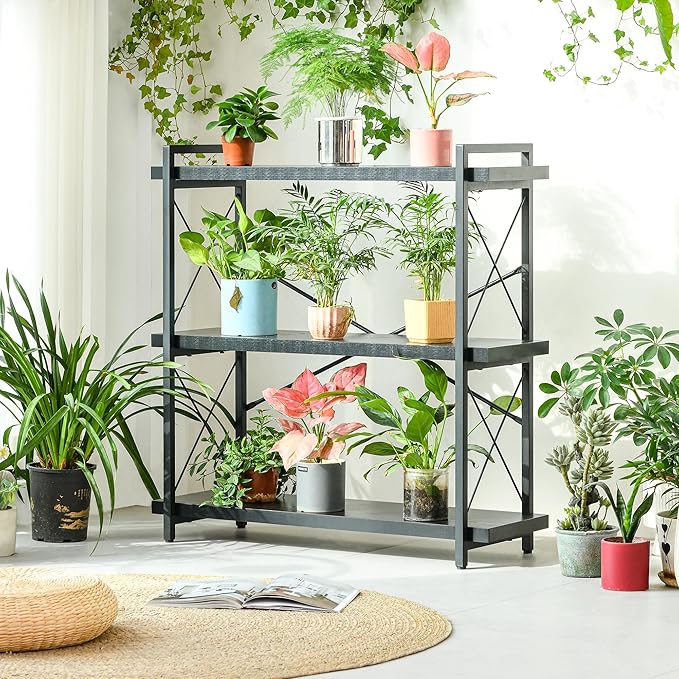 HCHQHS Bookshelf, 3-Tier Industrial Bookcase, Black Open Book Shelf, Freestanding Horizontal Bookshelves with Metal Frame