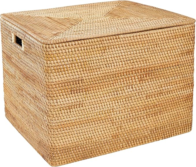 Rattan Basket With Lid, Large Lidded Basket For Storage, Rattan Box(22.8" L×19.7" W×17.7" H)