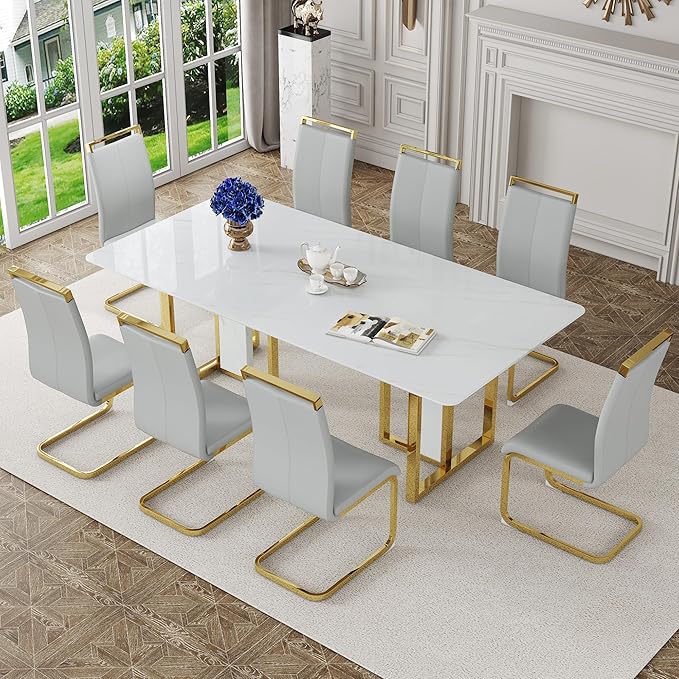 JUFU Dining Room Table Set for 8, 79'' White Faux Marble Dining Room Table and Chairs, Dining Tables for 8 with PU Upholstered Chairs, Modern Dining Table for 8, Ideal for Dining Room and Kitchen