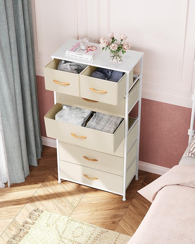 Crestlive Products Vertical Dresser Storage Tower - Sturdy Steel Frame, Wood Top, Easy Pull Fabric Bins, Wood Handles - Organizer Unit for Bedroom, Hallway, Entryway, Closets - 7 Drawers (Beige)