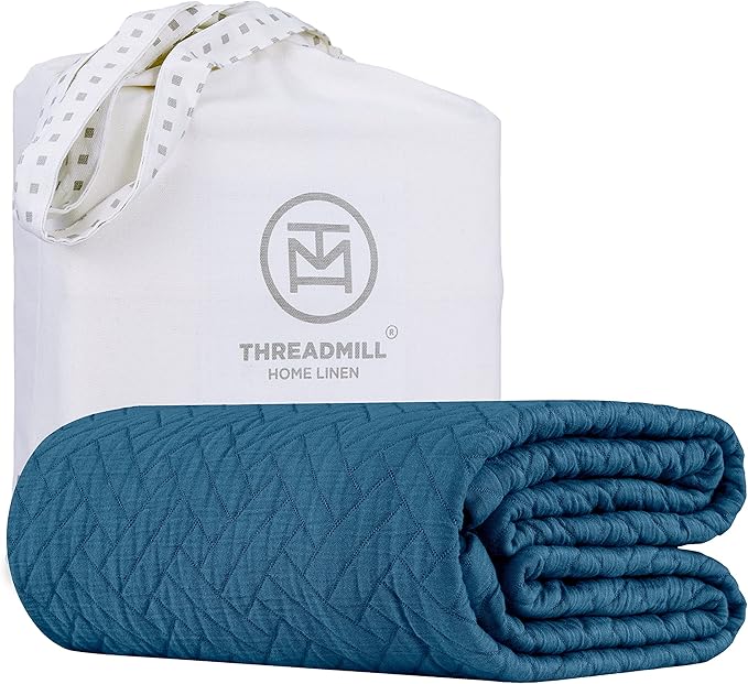 Threadmill Luxury Cotton Blankets for King Size Bed | All-Season Cozy 100% Cotton Blanket | Criss Cross Soft & Lightweight Coverlet fits California King Size Bed, 104x92 | Folkstone Blue