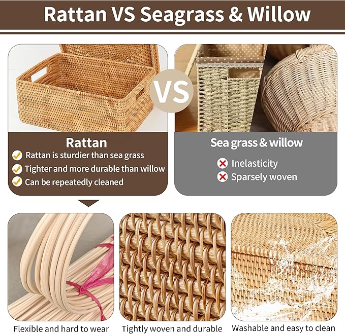 Rattan Basket With Lid, Large Lidded Basket For Storage(17.8" L×13.8"W×7.8"H)