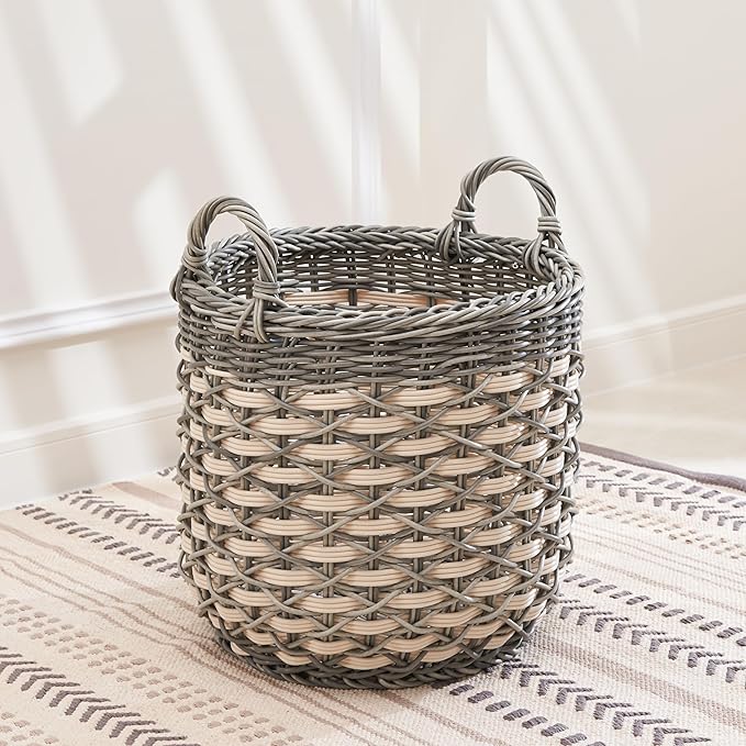 Isidore Round Water Hyacinth Seagrass Woven Basket with Handles (18" x 18" x 19.6" - White-Gray) - Ideal for Halloween, Thanksgiving, and Versatile Home Storage