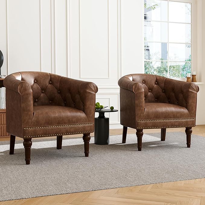 Accent Chair, Upholstered Faux Leather Barrel Chair with Nailed Trim, Comfy Club Armchair for Reading Living Room Bedroom Waiting Room (Rust, Set of 2)