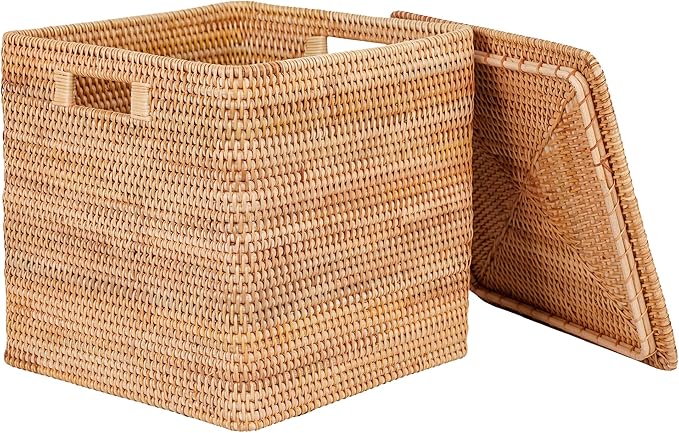 Rattan Basket With Lid, Large Lidded Basket For Storage(13.7" L×13.7"W×13.7"H)