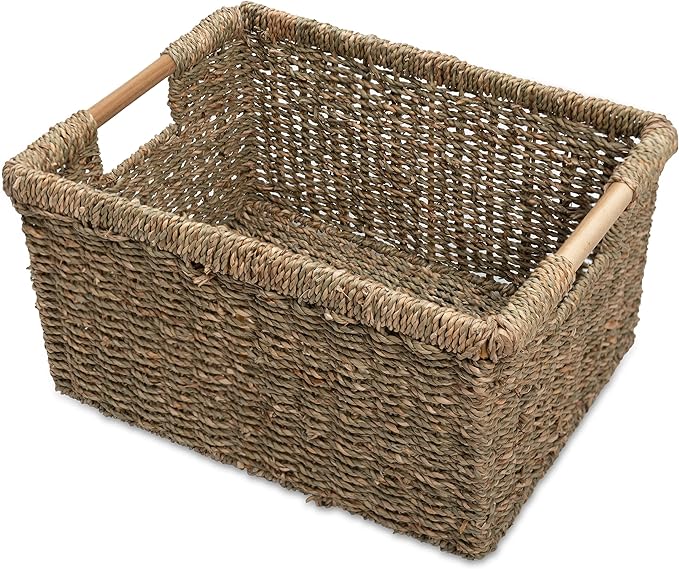 Large Wicker Storage Basket with Wooden Handles, Seagrass Basket for Shelves, Natural Wicker Bin With Handle for Storage 14.5 x 10.3 x 7.5 inches