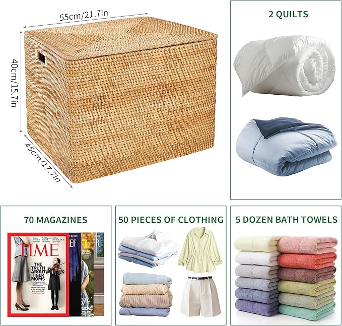 Rattan Basket With Lid, Large Lidded Basket For Storage, Rattan Box(22.8" L×19.7" W×17.7" H)