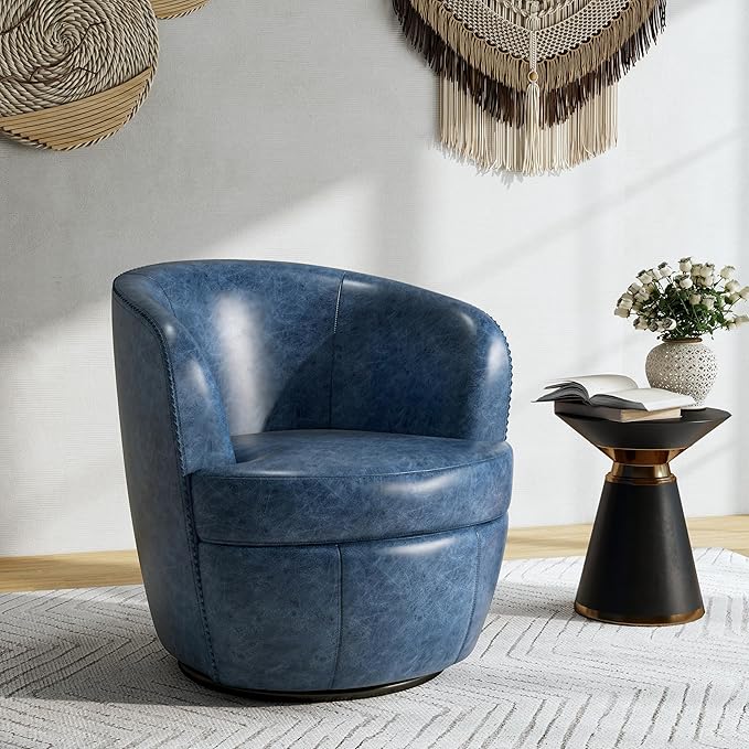 Swivel Barrel Chair, Modern Round PU Leather Accent Armchair for Living Room, Bedroom, Comfy Club Reading Chairs for Adults (Leather Navy Blue, Set of 1)
