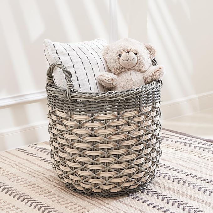 Isidore Round Water Hyacinth Seagrass Woven Basket with Handles (18" x 18" x 19.6" - White-Gray) - Ideal for Halloween, Thanksgiving, and Versatile Home Storage