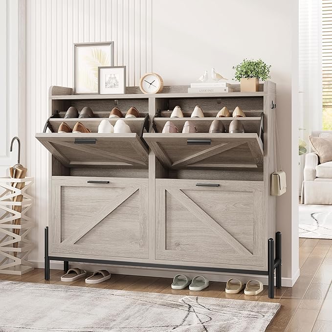 IRONCK Farmhouse Shoe Storage Cabinet with 4 Flip Drawers, Freestanding Shoe Organizer with Adjustable Shelf for Entryway, Narrow Shoe Rack Cabinet for Hallway, Living Room, Gray