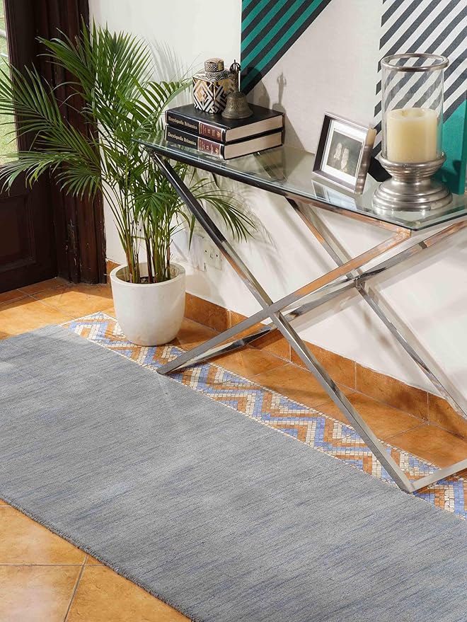 Hand Knotted Loom Wool ECO-Friendly Area Rugs - 2'6''x6', Runner, Light Blue Color, Solid Plain Design, High Pile Handmade Anti Skid Area Rugs for Living Room, Bed Room (L00111)
