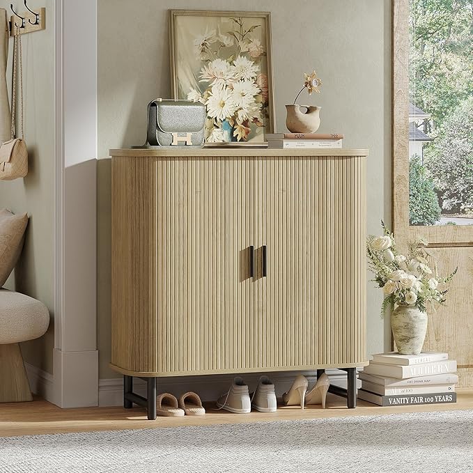 Maupvit Shoe Storage Cabinet with Smooth Fluted Sliding Doors, 5-Tier Shoe Cabinet Storage for Entryway, Narrow Hidden Shoe Rack for Front Door Entrance, Metal Handles and Legs, Natural