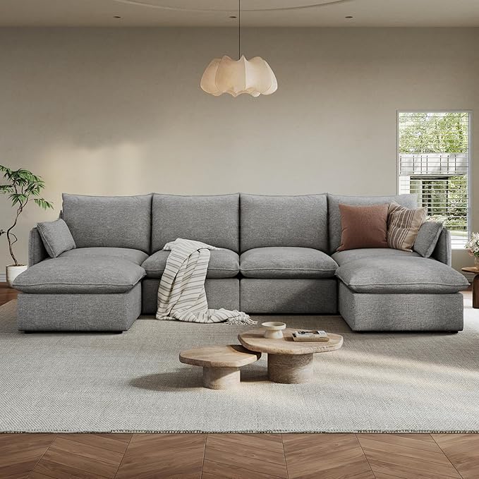 Cloud Sectional Couches for Living Room, Convertible Cloud Sofa Spill & Stain-Resistant with Removable Washable Cover & Down Feather Filled Cushions, 4 Seater Modular Sectional Sofa with Ottoman