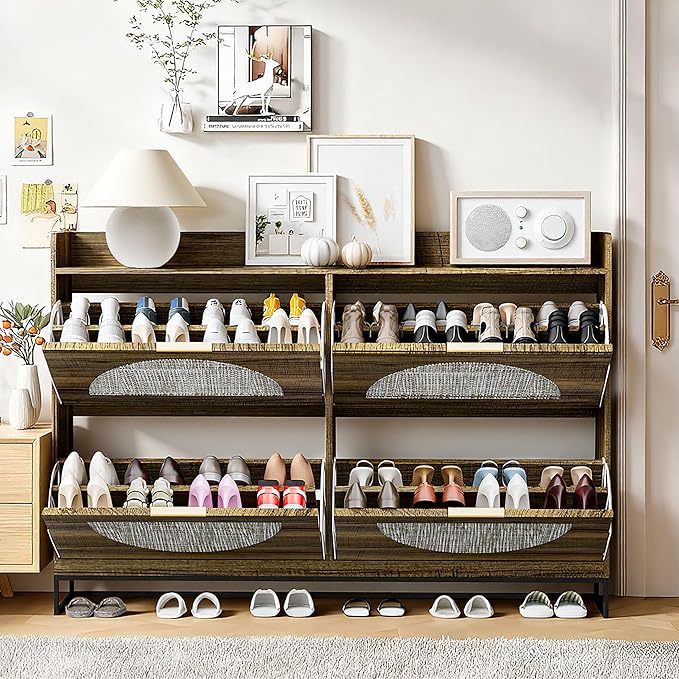 Large Shoe Cabinet Storage for Entryway Hidden Rattan Shoe Cabinet with 4 Flip Drawers Freestanding for Entryway,Hallway Rustic Oak Rattan