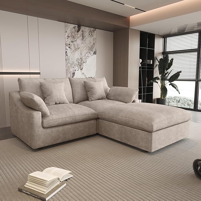 WJShome 83" L Shaped Sofas with Ottoman，Cloud Couch Sectional for Living Room, Down Filled Convertible Couch, Sofa Covers Washable&Replaceable,Khaki