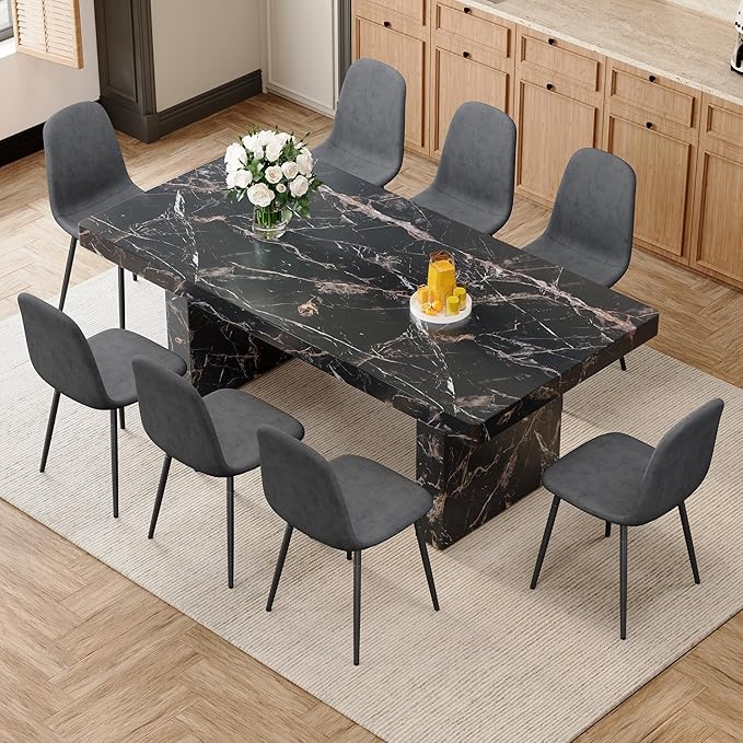 Ebullient Marble Dining Table Set for 8, 79'' Black Kitchen Table Set for 8, 3.5'' Thick Wooden Top with Rectangle Heavy Duty Legs, Modern Dining Table and Upholstered Chairs Set of 8, Marble Grain