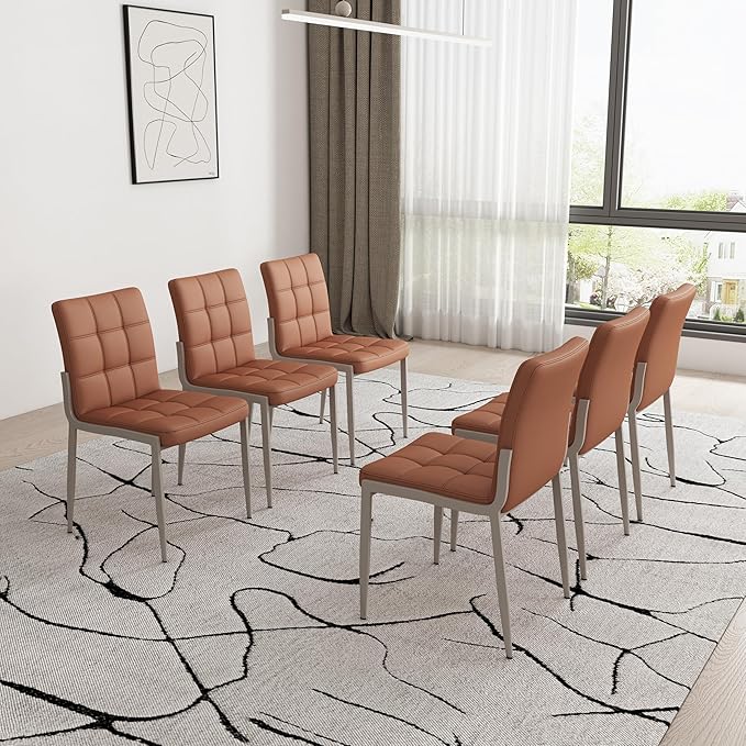 Dining Chairs (Set of 6), PU Leather Modern Armless Kitchen Dining Room Chairs, Upholstered Decorative Side Chairs with Metal Feet (Brown)