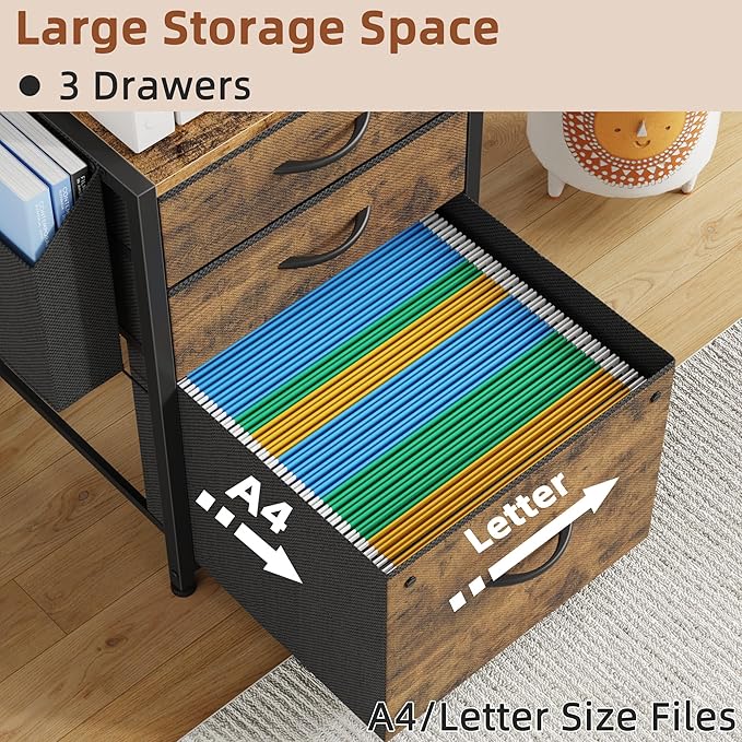 Larger File Cabinet with Charging Station and 3 Fabric Drawer, 3-Tier Tall Filing Cabinet for Home Office with Storage Shelf, Fabric Drawer, Fits A4/Letter Size, 15''W, Rustic Brown