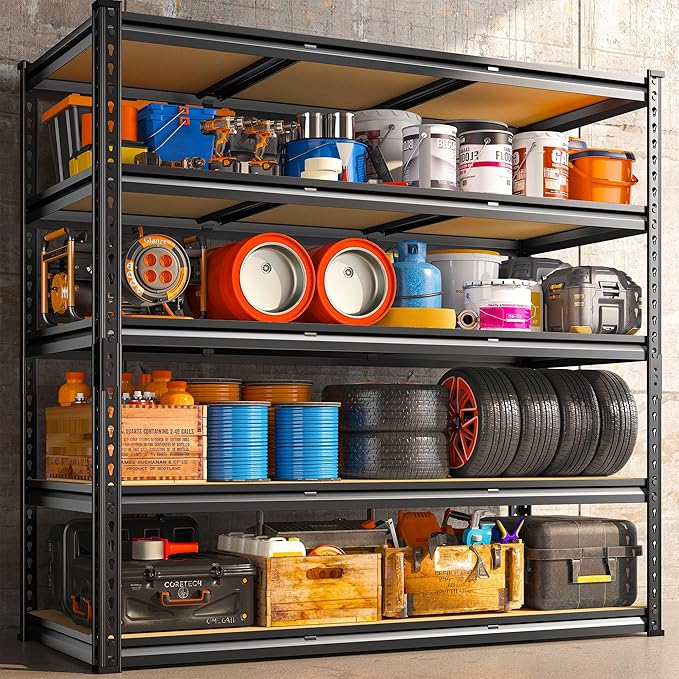 REIBII 48" W Garage Shelving Heavy Duty, 3000LBS Storage Shelves, 5-Tier Adjustable Metal Shelving, Garage Shelves Sturdy Industrial Shelf, Easy Assemble, 72" H x 48" W x 18" D