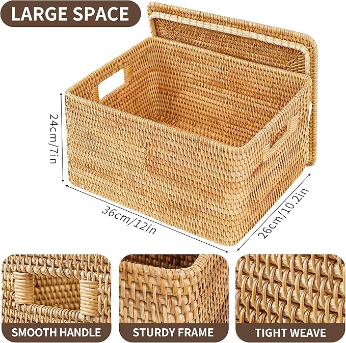 Rattan Basket With Lid,Large Storage Basket Lidded,Rattan Box For Shelf (14.2" L×10.2"W×9.4"H)