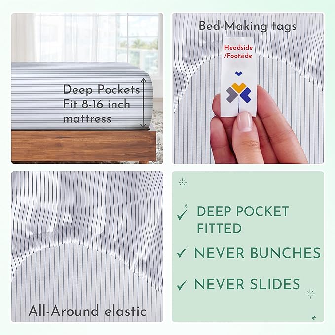 California Design Den Printed Striped Bed Sheets Full Size Set - Luxury 600 Thread Count, 100% Cotton Sateen, Hotel Quality Deep Pocket Full Sheet Set - Classic Blue Stripe Print