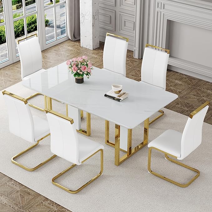 JUFU Dining Table Set for 6 with Chairs PU Upholstered, 67'' White Faux Marble Dining Room Table and Chairs, Modern 6 Chair Dining Table Set, Rectangle Dinner Table Set for Dining Room and Kitchen