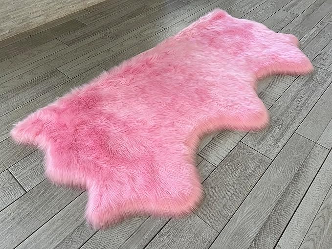 Free Shape Luxury Soft Fluffy Shag Area Rug Triple Side by Side 3'x6', 90x180cm - Vegan Fur Ultra Soft Indoor Carpet Nursery Rugs for Bedroom Home Decor, Pink