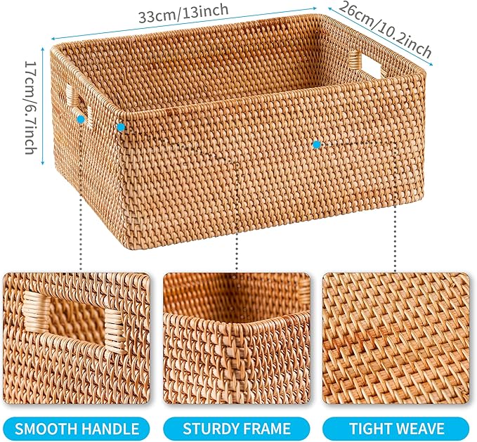 Rattan Basket With Lid, Lidded Basket For Storage(13" L×10.2"W×6.7"H)