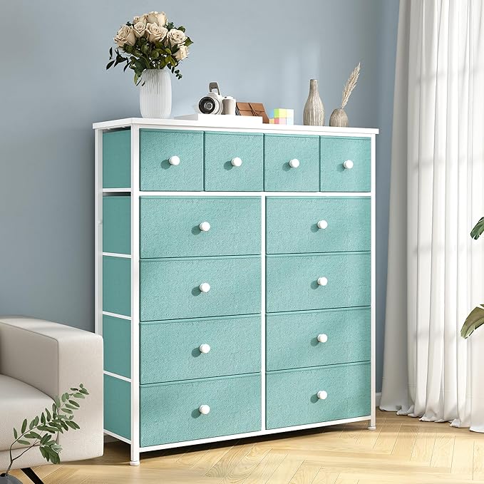 Dresser for Bedroom with 12 Drawers, Fabric Dressers & Chest of Drawers with Sturdy Metal Frame, Wood Top, for Woman, 40.6" W x 11.8" D x 44.5" H (Turquoise)