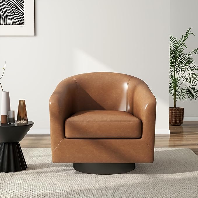 Swivel Barrel Chair, Modern Round PU Leather Accent Armchair for Living Room, Bedroom, Oversized Comfy Club Reading Chairs for Adults (Leather Brown, Set of 2)