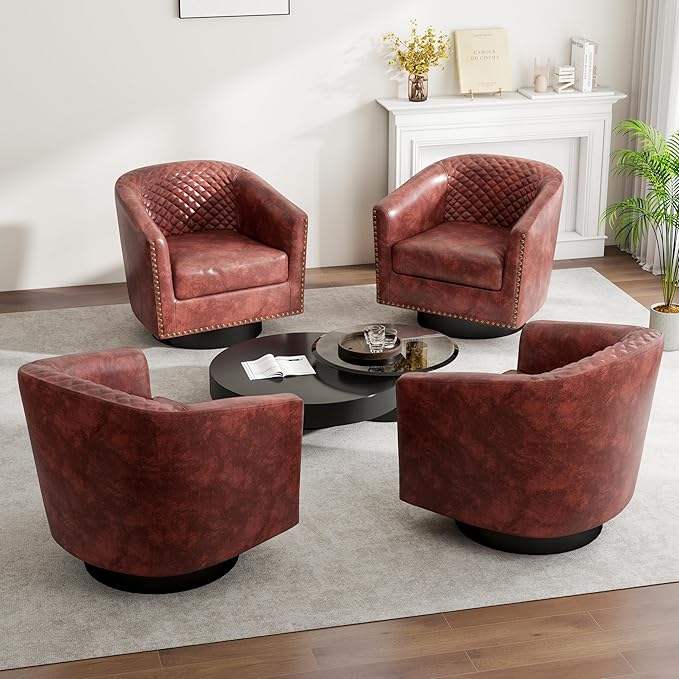 Swivel Barrel Accent Chair, Comfy Modern Upholstered Round Faux Leather Arm Chair for Living Room, Bedroom（Red Brown, Set of 2