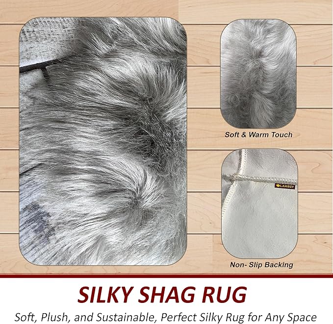 Free Shape Luxury Soft Fluffy Shag Area Rug Triple Side by Side 3'x6', 90x180cm - Vegan Fur Ultra Soft Indoor Carpet Nursery Rugs for Bedroom Home Decor, Grey